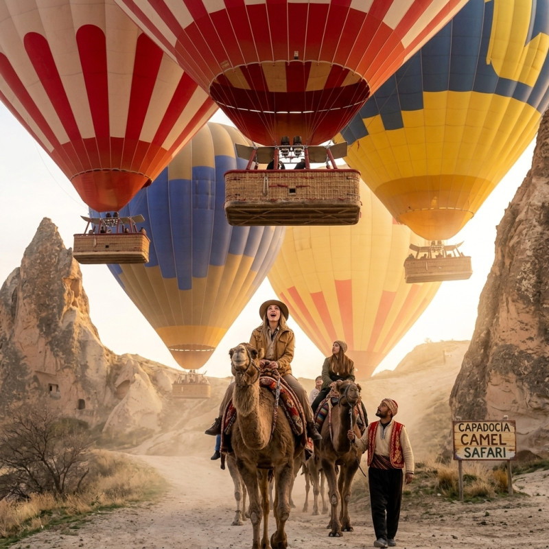 Camel Safari with Balloons in Cappadocia at Sunrise